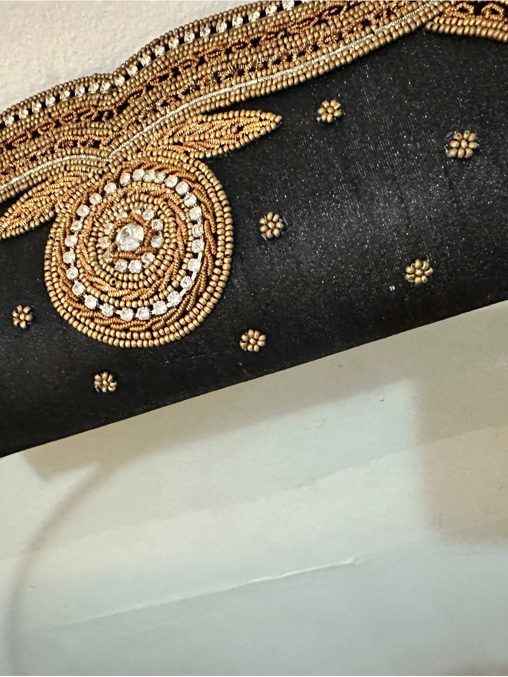 Black Beaded Evening Clutch with Gold Embellishment with beaded strap. Hand made